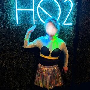 Nip Glow In the dark neon teal sexy mesh dance wear metal harness choker